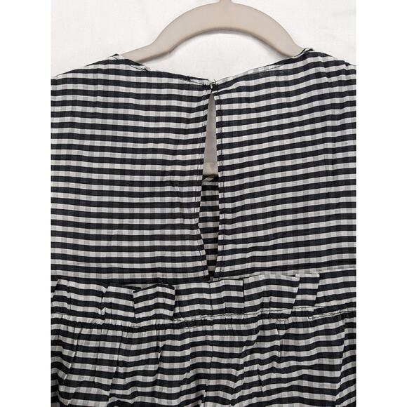 H&M Checked Blouse XS Black White‎ Cold Shoulder Ruffle Long Puff Sleeve Office - Picture 4 of 10